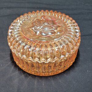 Vintage Jeanette Marigold Carnival Glass Trinket Candy Powder Dish Jar w/lid